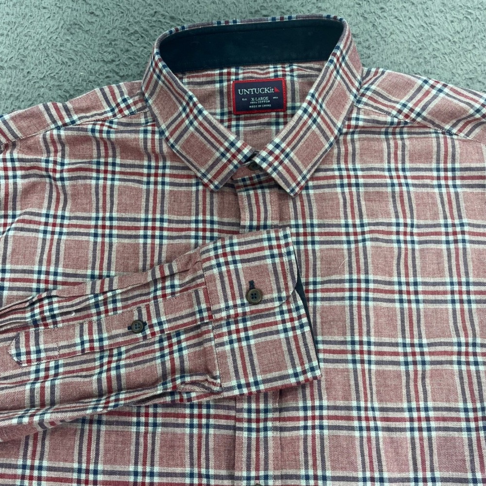 UNTUCKit Mens Plaid Long Sleeve Button Down Shirt Red Blue White XLarge Cotton